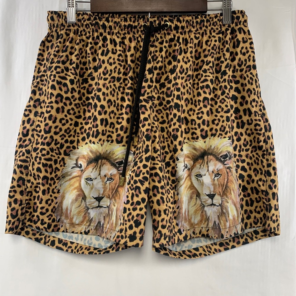 Kenny Flowers Swim Trunks Men XL Tan Leopard Lion Graphic Print Shorts